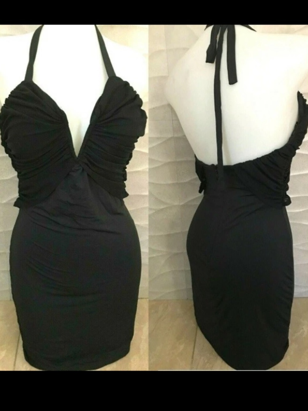 New bebe Black Deep V Neck Straps Bustier Halter Ruched Top Dress Small S
